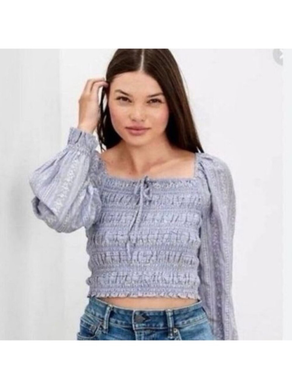 NWOT American Eagle Smocked Floral Crop Top Puff Blue Sleeve Cottagecore XS